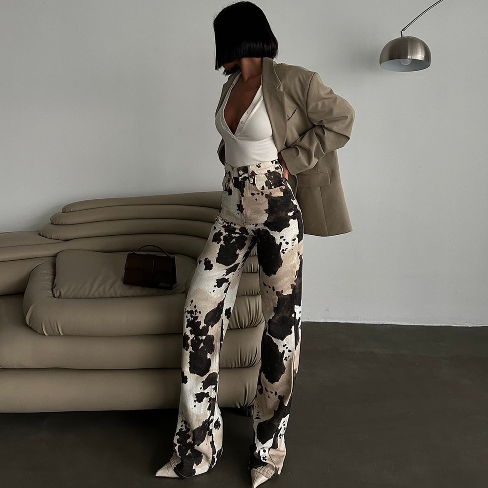 PIRAL Cow Print Straight-Leg Jeans | Cream & Brown | Size XS